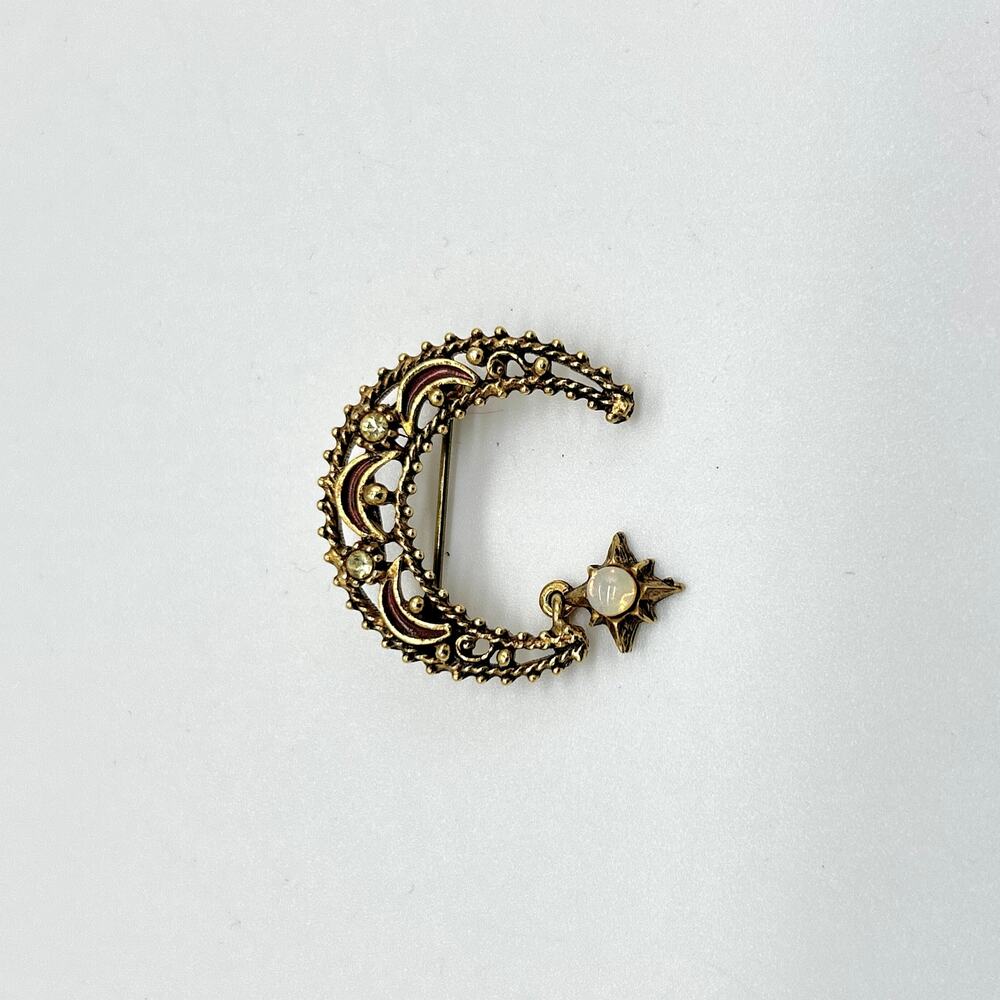 Vintage Florenze Crescent Moon Brooch Star Rhinestone Celestial Boho Jewelry